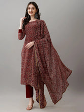 Women's Maroon Faux Georgette Embroidered Straight Kurta Pant With Dupatta-MDC-MV-6030-MARUN